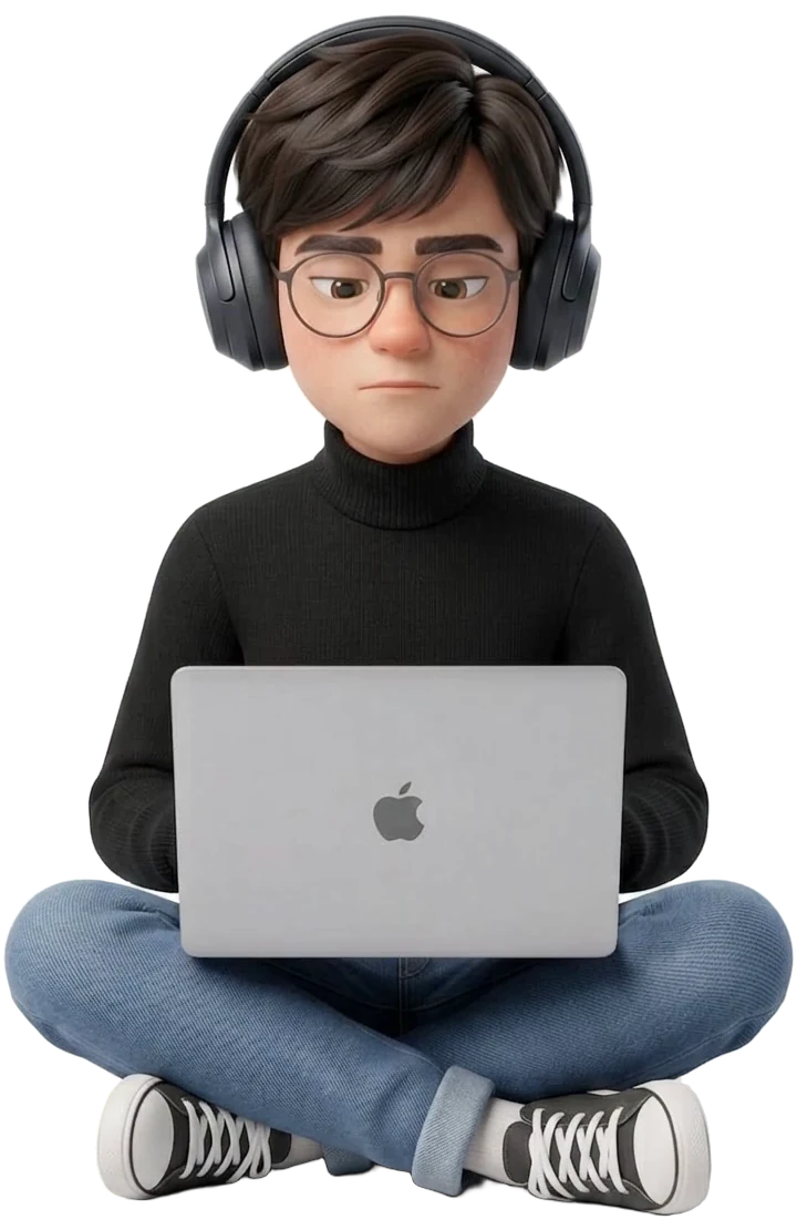 Illustration of Yasser sitting cross-legged with headphones and a laptop