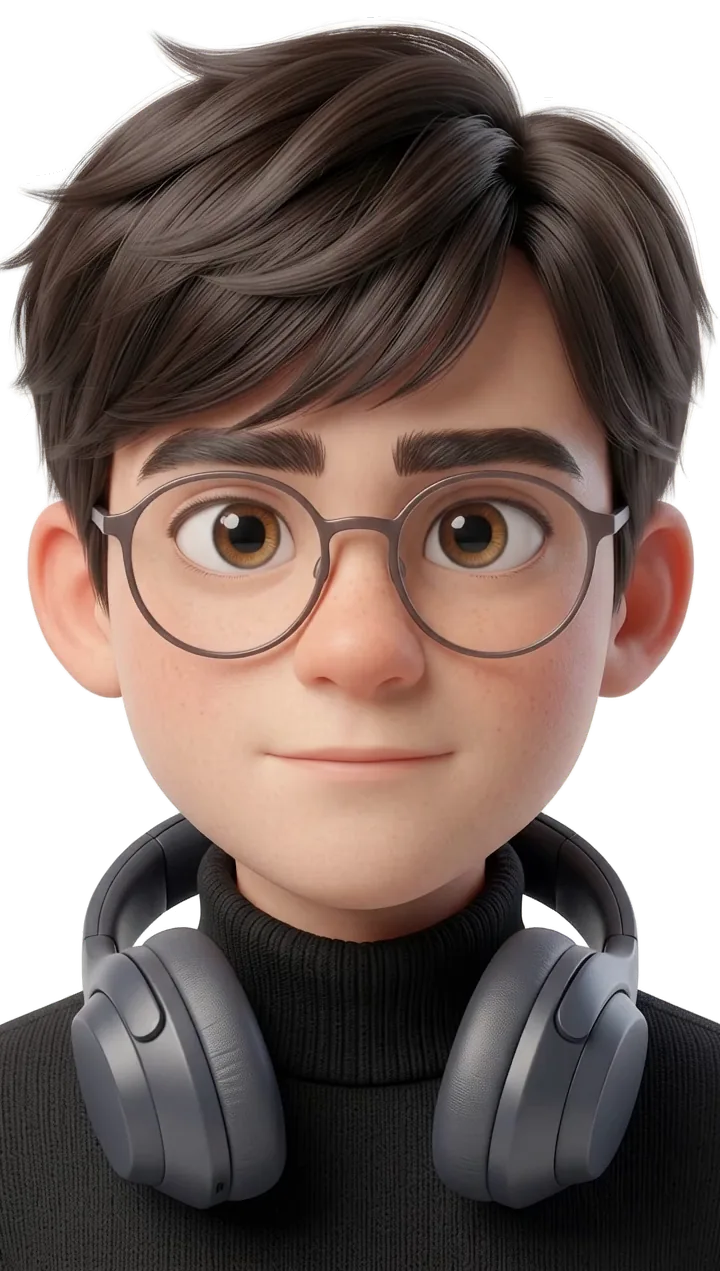 Illustration of Yasser in round glasses with headphones around his neck